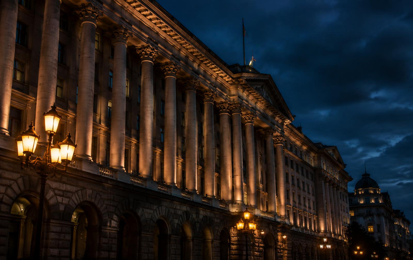 Edificio neoclásico institucional al atardecer